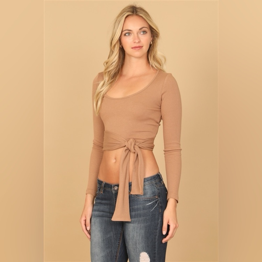 Tan Ribbed Tie-Front Crop Top Nwot - Picture 4 of 8